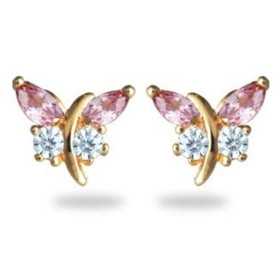 Boucles d'oreilles papillons plaqué or et oxydes de zirconium rose