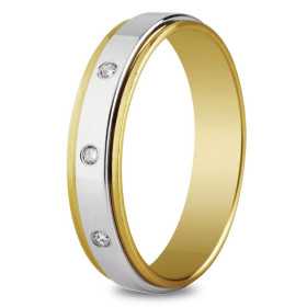 Alliance bicolore 5 mm, polie brillante et 3 diamants de 0,06 ct