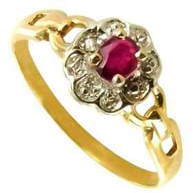 Bague fleur en or avec rhodiage, rubis de 5x3mm et diamant