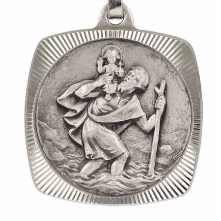 Porte clés médaille de Saint Christophe Carré et Diamanté Argenté.  Fabrication Artisanale Française.