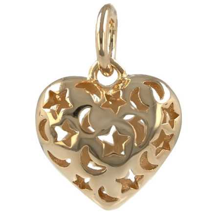 Pendentif plaqué or coeur ajouré étoiles & lunes - Bijouterieonline.com