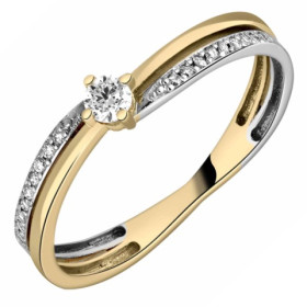 Solitaire accompagné, or bicolore 750/1000 avec diamants HSI 0.19ct