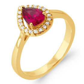 Bague plaqué or, zirconium rouge, poire.